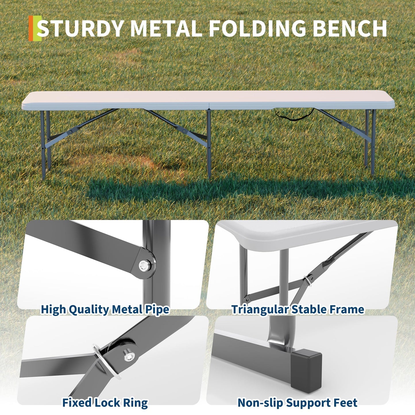 EliteEdge 6Ft Plastic Folding Bench, 2 Pack Portable Folding Bench, Foldable HDPE Waterproof Outdoor Benches with Carrying Handle Picnic Camping Sports Party Activities, White (White-2pc)