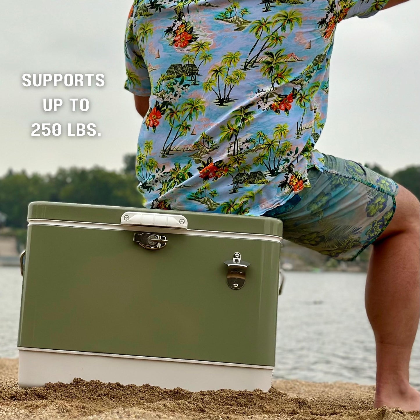 FSE Hard-Sided 54 Qt Metal Cooler, 80 Can Vintage Ice Chest, Durable Two-Tone Design with Latch Lid, Built-in Bottle Opener, Plastic Liner & Side Handles, Green/Cream