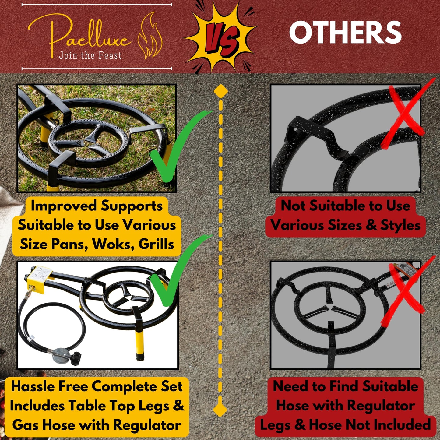 Paelluxe Paella Burner and Stand Set 16 Inch Dual Ring Propane Burner Outdoor Stove with Table Top Stand & Regulator, Portable Gas Cooker Wok Burner for Camping, Crawfish Boil Cooking Outdoor Paellera