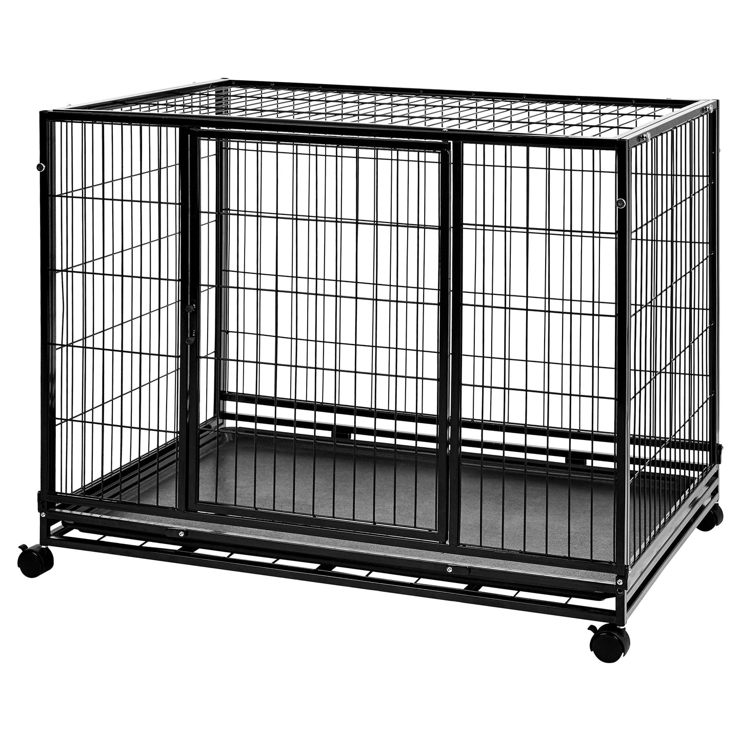 Amazon Basics - Portable Heavy Duty Stackable Dog Pet Kennel on Wheels with Tray, Black, 43.5" L x 29.8" W x 34.3" H