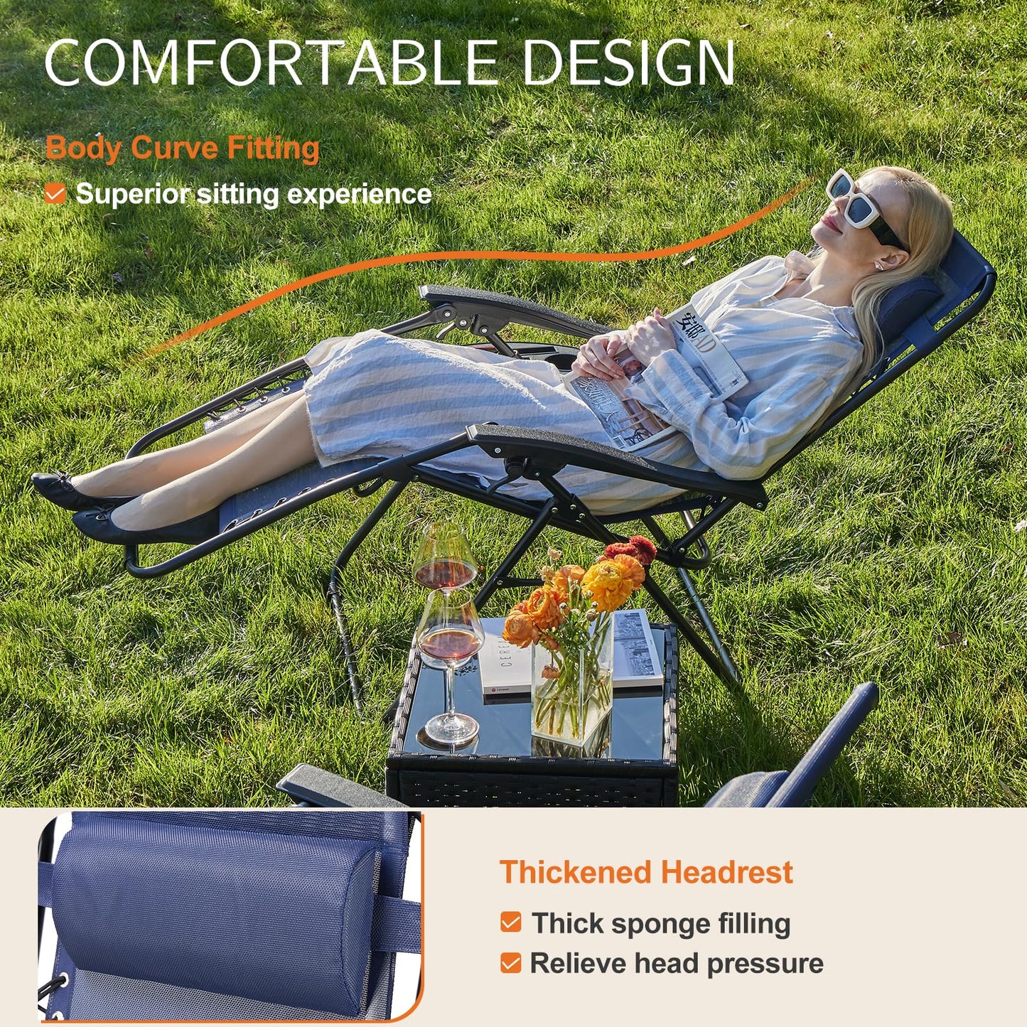 Sweetcrispy Zero Gravity Chairs, Set of 4 Portable Recliner Beach Camping Patio Outdoor Folding Lounge Chair with Cup Holder Trays and Adjustable Pillow for Poolside, Garden, Backyard, Lawn, Blue