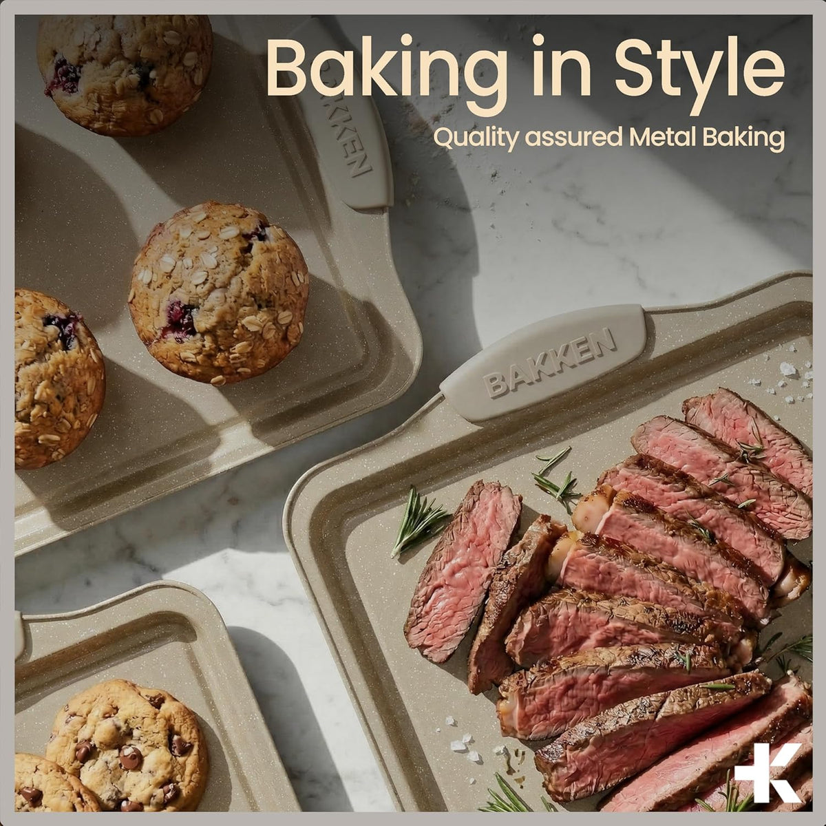 BAKKEN Nonstick Cookie Sheets Set - 3-Piece Stackable Carbon Steel Bakeware with Silicone Handles | White Marble