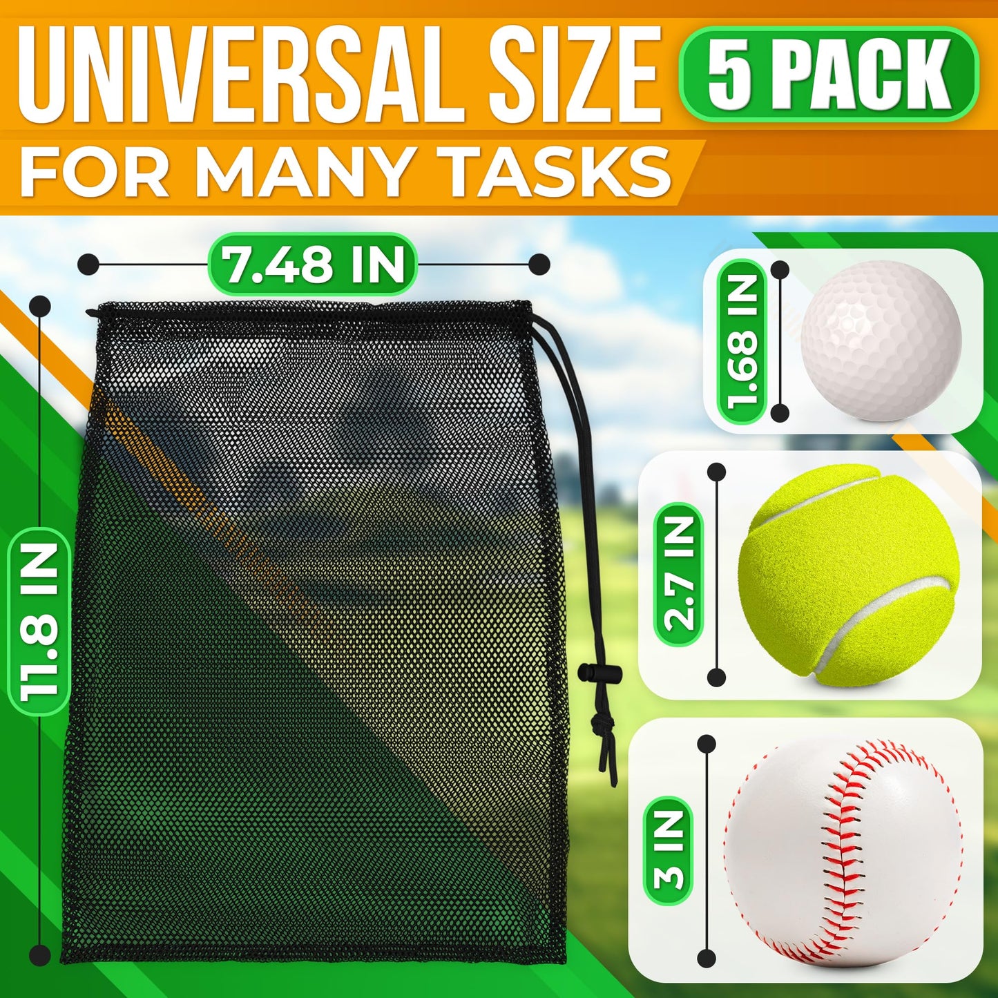 Mesh Bags Drawstring 5Pcs 11,8 х7.48'' – Strong, Lightweight, Breathable Mesh Bag with Quick-Dry and Tear-Resistant Design – Easy to Tighten and Adjust for Travel, Sports, Swimming, and Ball Storage