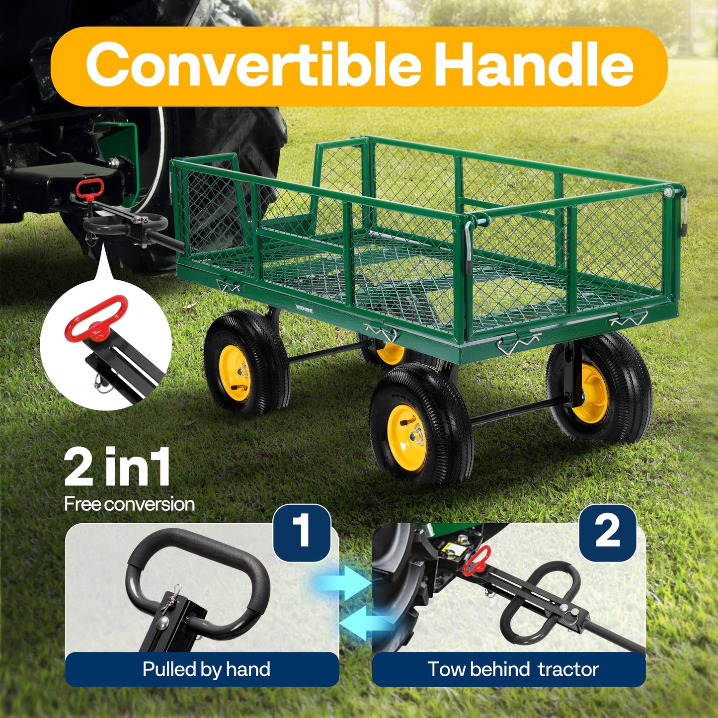 VIVOHOME Garden Cart Steel Heavy Duty 900 LBS Yard and Garden Wagon with 10 inch Tire and Handle Attach to ATV or Tractor Green