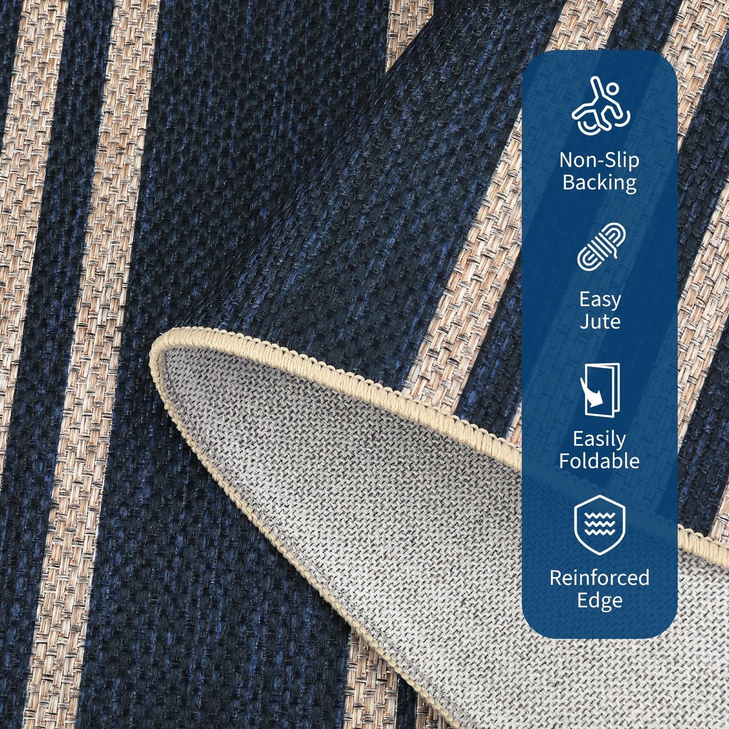 COZYLOOM Washable Living Room Rugs 8x10 Striped Easy Jute Rug with Non Slip Backing, Modern Stain Resistant Farmhouse Rugs for Patio Non Shedding Mats for Dining Room, Bedroom, RV, Navy Blue