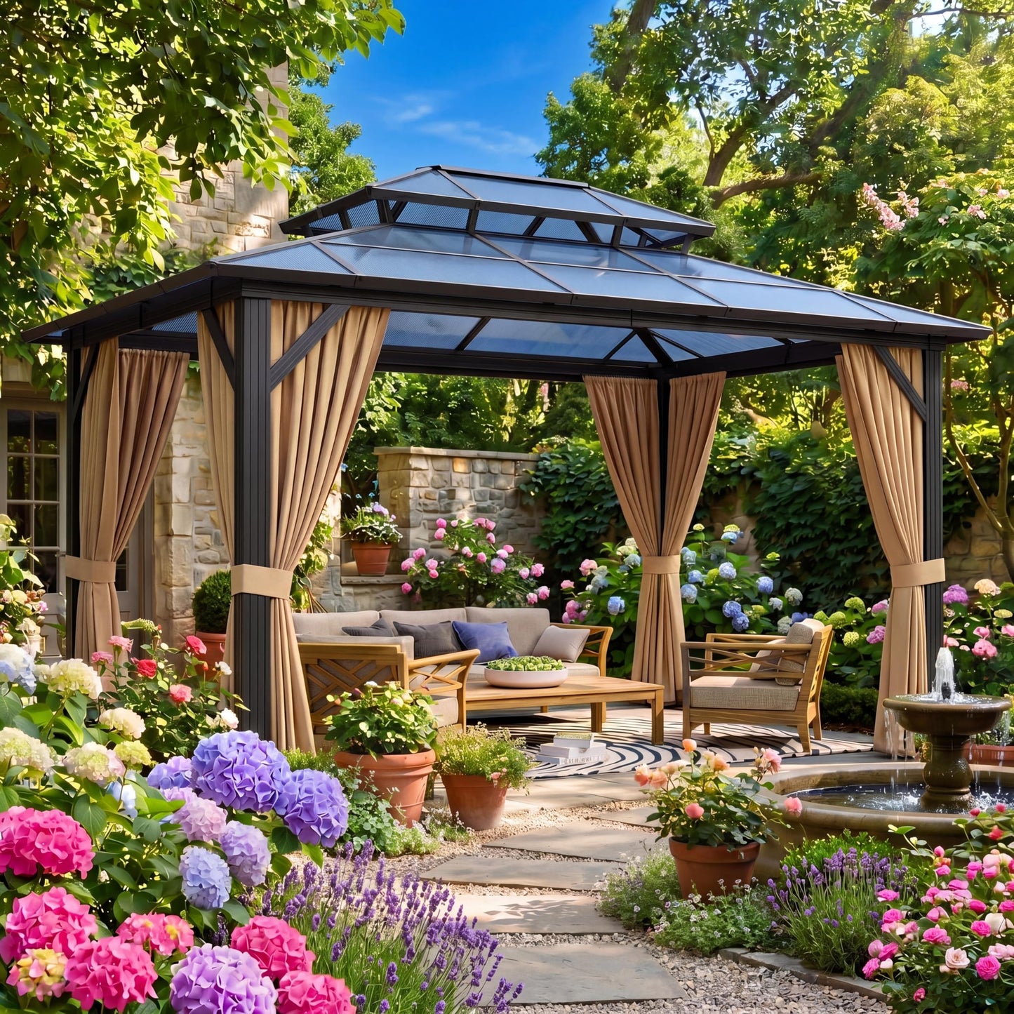GAOMON 10'x12' Hardtop Gazebo, Outdoor Polycarbonate Double Roof Canopy, Aluminum Frame Permanent Pavilion with Curtains and Netting, Sunshade for Garden, Patio, Lawns (10x12ft)