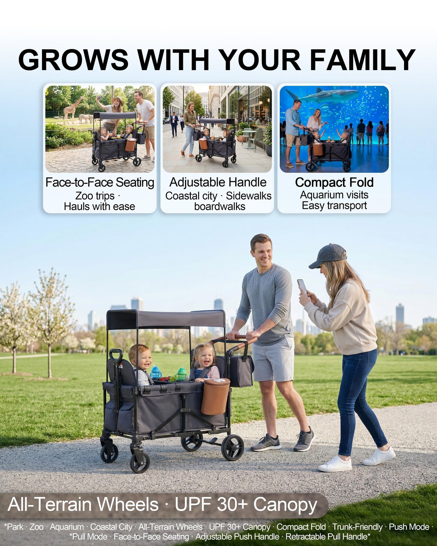 BudGlowey 2-in-1 Wagon Stroller for 2 Kids – Adjustable Push & Pull Handle All‑Terrain Wagon with Canopy, 5‑Point Harnesses, sanck Tray 2-in-1 Storage Bag, Lightweight, Compact – Grey