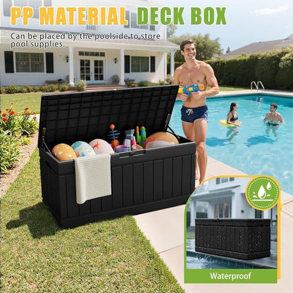 Greesum 82 Gallon Outdoor Storage Box - Waterproof & UV Resistant Bin for Patio Furniture | Black