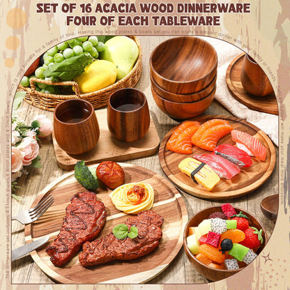Maxdot 24 Pcs Acacia Wood Dinnerware Set, Round Wooden Plates, Solid Wooden Bowls and Tea Cups, Acacia Wood Tableware Supplies, Lightweight for Dishes Snack, Dessert, Set for 4