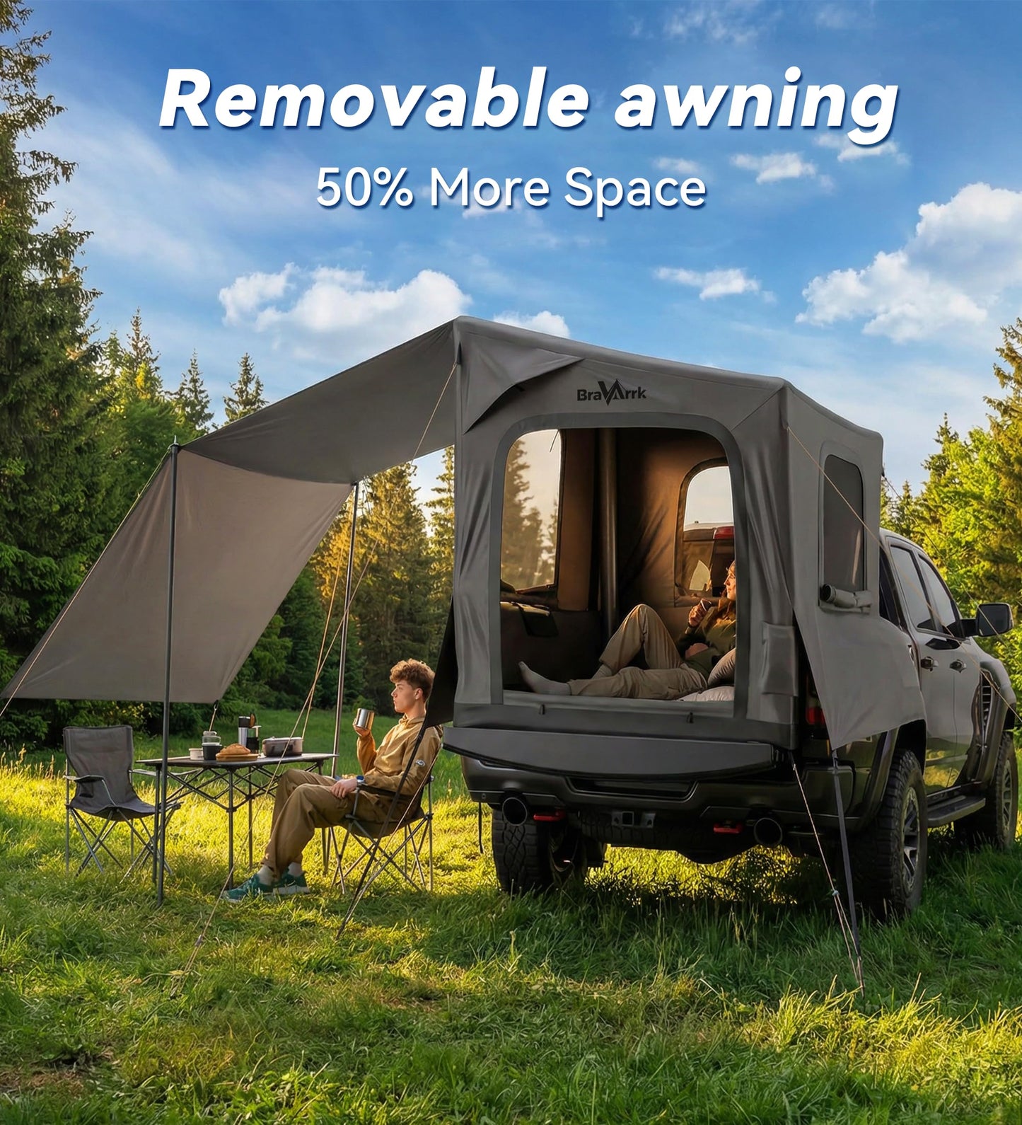 BravArrk Inflatable Truck Bed Tent with Detachable Zippered Awning, Pickup Truck Tent for 5.5ft-8ft Bed, 2 Mins Fast Setup Blow Up Tent for Truck, PU3000 Waterproof Truck Tent for Camping