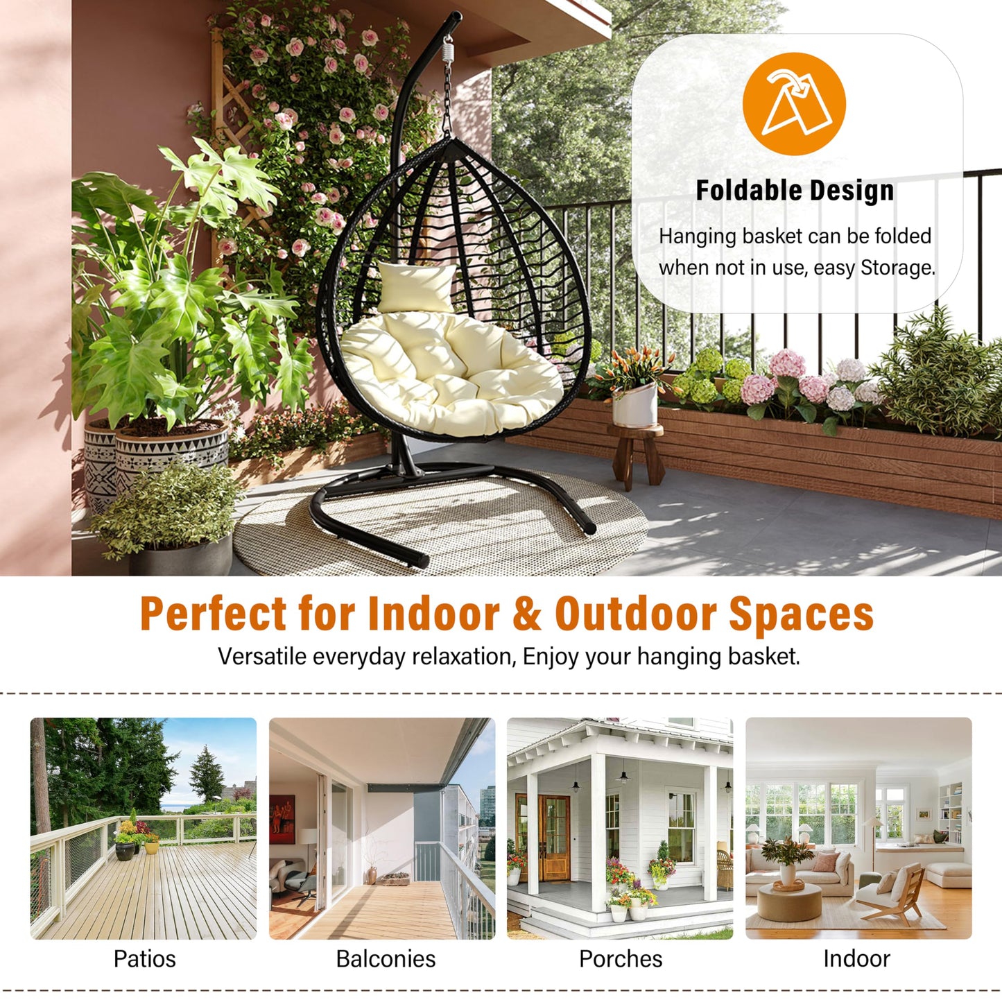 Merax Indoor Outdoor Hanging Hammock Chair with Stand, Foldable Rattan Egg Swing Chair with Iron Frame and Plush Cushion & Removable Headrest,Suitable for Porch Garden,Balcony,Indoor, Black+Beige