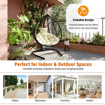 Merax Indoor Outdoor Hanging Hammock Chair with Stand, Foldable Rattan Egg Swing Chair with Iron Frame and Plush Cushion & Removable Headrest,Suitable for Porch Garden,Balcony,Indoor, Black+Beige