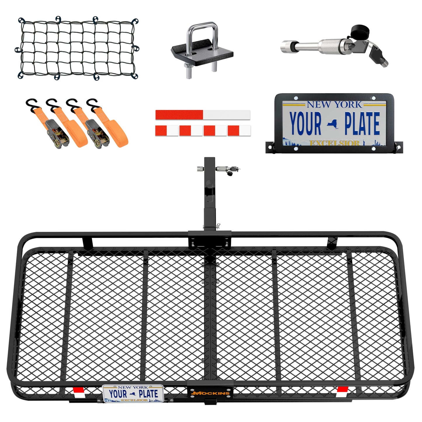 Mockins 60"x24"x6" XL Heavy Duty Trailer Hitch Cargo Carrier | 500 Lbs Cap Folding Luggage Rack for SUV Car & Truck | All-Weather Steel Hitch Rack Cargo Carrier w/License Plate Bracket & Accessories