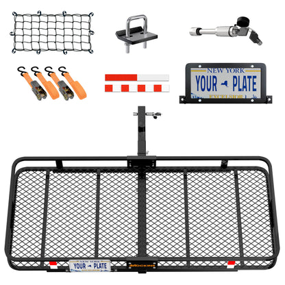 Mockins 60"x24"x6" XL Heavy Duty Trailer Hitch Cargo Carrier | 500 Lbs Cap Folding Luggage Rack for SUV Car & Truck | All-Weather Steel Hitch Rack Cargo Carrier w/License Plate Bracket & Accessories