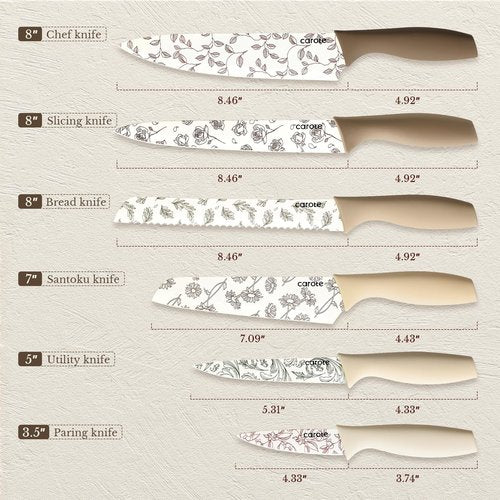 CAROTE 12PCS Knife Set, Kitchen Knife Set with 6 Blade Guards, Stainless Steel Knives Set With Nonstick Ceramic Coating, Rustproof, Delicate Floral Designs, White