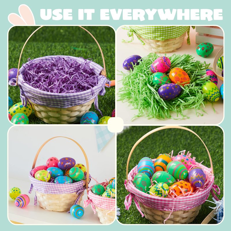JOYIN 4 Pcs Easter Bamboo Baskets Gift Woven Baskets with Handles and 4 Colors Grass Paper Shreds, Candy Wicker Candy Toys Storage Bucket for Easter Egg Hunt, Kids Party Supplies(9" X 8")