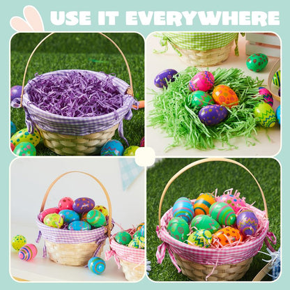JOYIN 4 Pcs Easter Bamboo Baskets Gift Woven Baskets with Handles and 4 Colors Grass Paper Shreds, Candy Wicker Candy Toys Storage Bucket for Easter Egg Hunt, Kids Party Supplies(9" X 8")