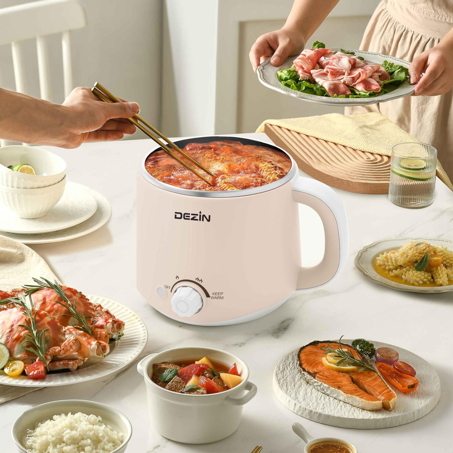 Dezin Electric Pot, 1.6L Ramen Cooker, Hot Pot Electric Stainless Steel, Multifunctional Cooker for Egg, Pasta, Soup, Porridge, Oatmeal with Temperature Control and Keep Warm Function