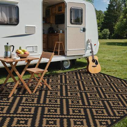sarben Outdoor Rug for Patio - Waterproof Plastic Straw Camping Rugs 8x16 ft, Reversible Outdoor Indoor RV Mat Carpet for Patio, Porch, Deck, Balcony, Picnic, Beach, Black Brown