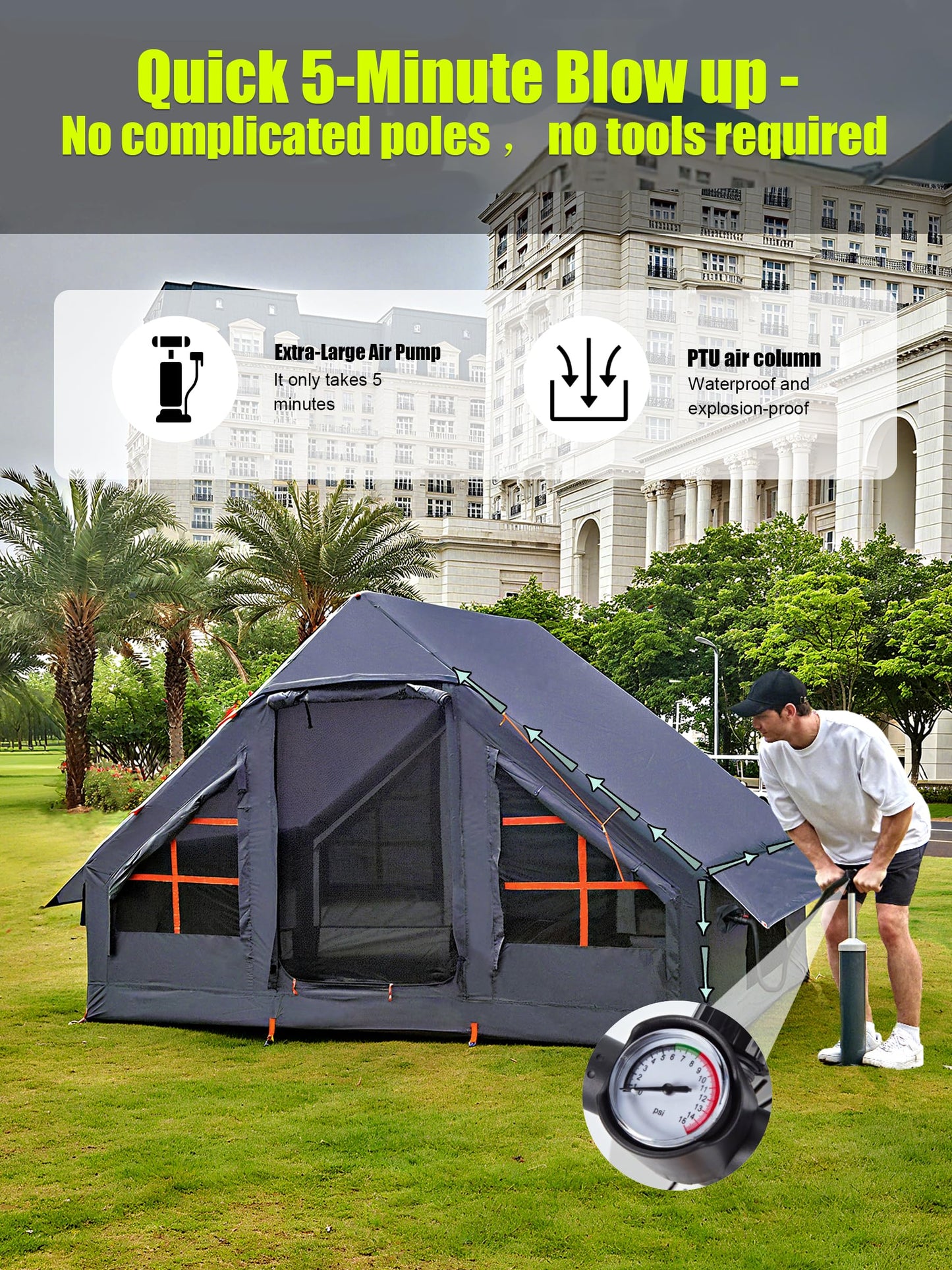 Inflatable Tents for Camping 2-4 Person - Easy Blow Up Glamping Tent with Hand Pump, Waterproof PVC Air Inflatable Tent House for Family Weekend Camping, Grey