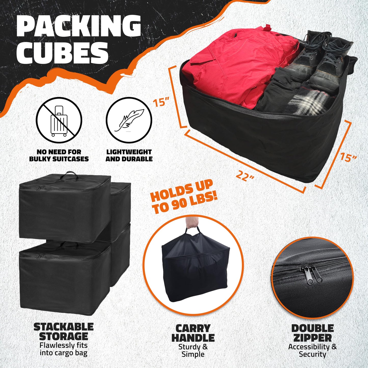 Mockins 48"x18"x6" Folding Trailer Hitch Cargo Carrier & 15 Cu Ft Waterproof Cargo Bag with Packing Cube Set of 4 | Weatherproof 500 Lbs Cap Luggage Rack for SUV Truck Van Car Trailer with Accessories