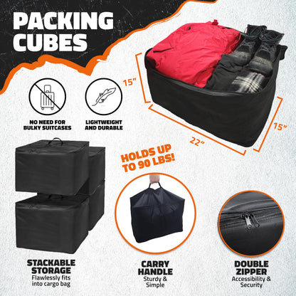 Mockins 48"x18"x6" Folding Trailer Hitch Cargo Carrier & 15 Cu Ft Waterproof Cargo Bag with Packing Cube Set of 4 | Weatherproof 500 Lbs Cap Luggage Rack for SUV Truck Van Car Trailer with Accessories