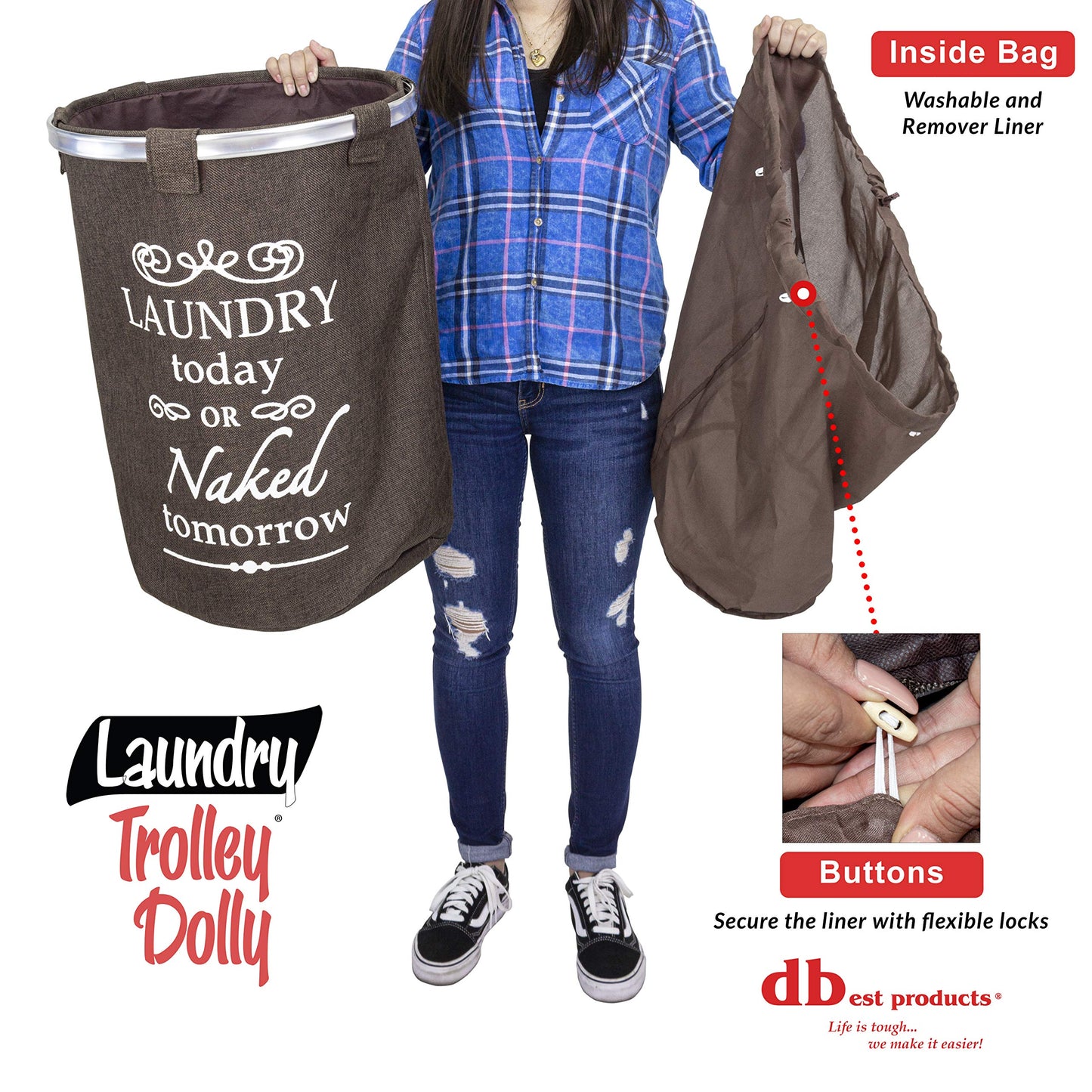 dbest products Laundry Trolley Dolly, Brown Laundry Bag Hamper Basket cart with wheels sorter