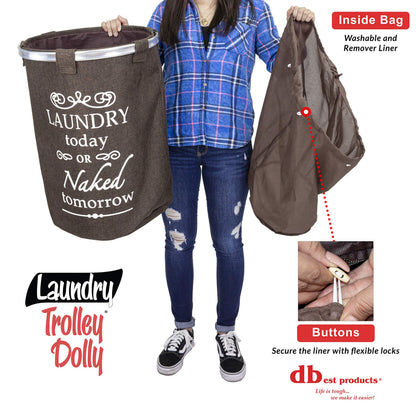 dbest products Laundry Trolley Dolly, Brown Laundry Bag Hamper Basket cart with wheels sorter
