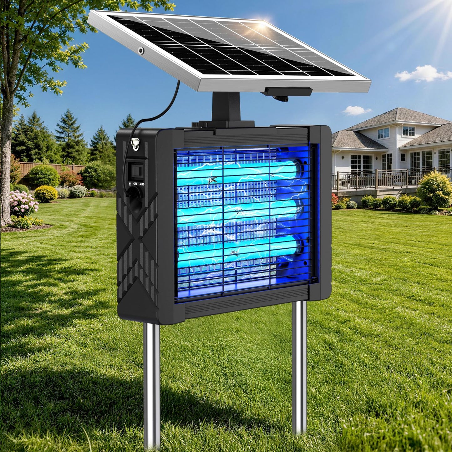 Solar Bug Zapper Outdoor, Portable Rechargeable Mosquito Zap with 3 Lamps, 4500V Electric Insect Zapper, 5400mAh Battery, 10FT Solar Cord, IPX5 Waterproof Fly Zapper for Patio Backyard Garden Camping
