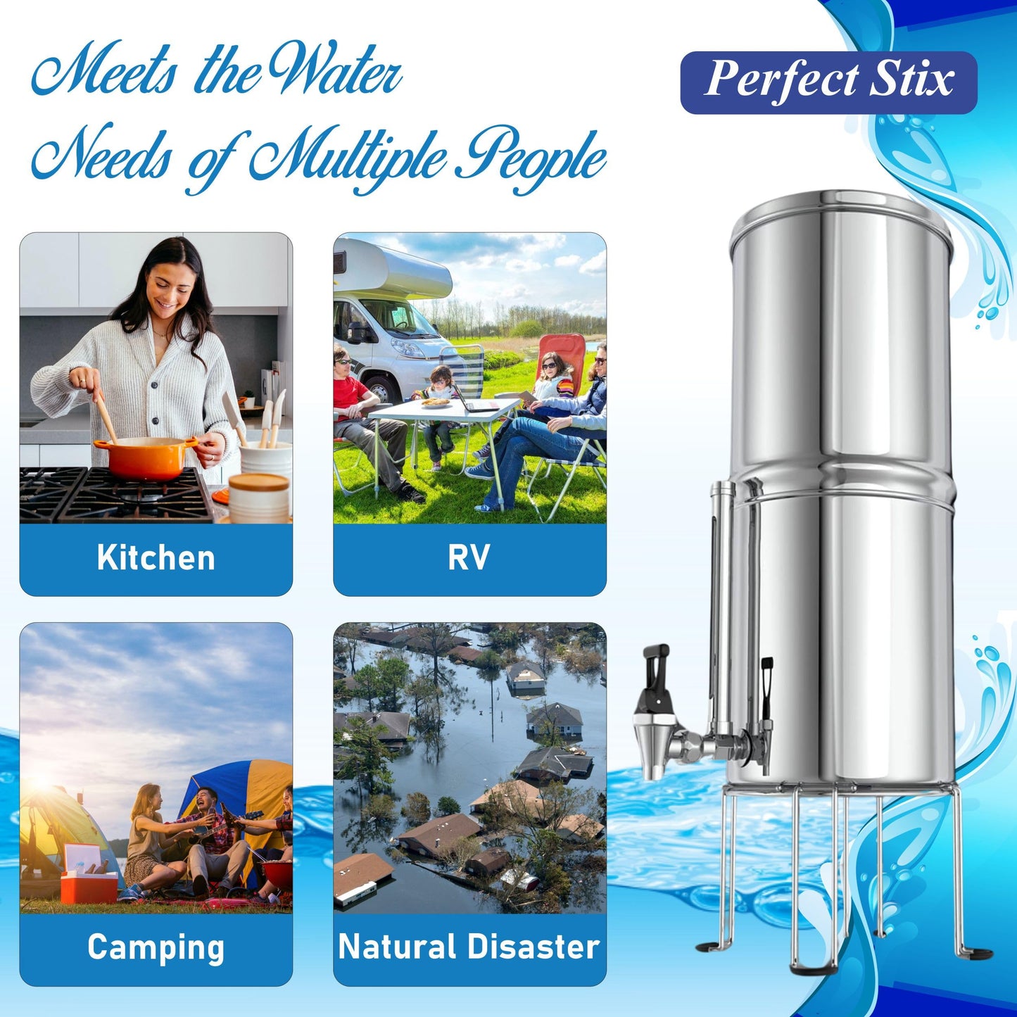 Denali Spring-2.25G (8 Liters)- Stainless Steel Gravity-Fed Water Filtration System with 2 Black Filters, SS Tap, POSTreat Filters, Vision Tap and Stainless Steel Stand