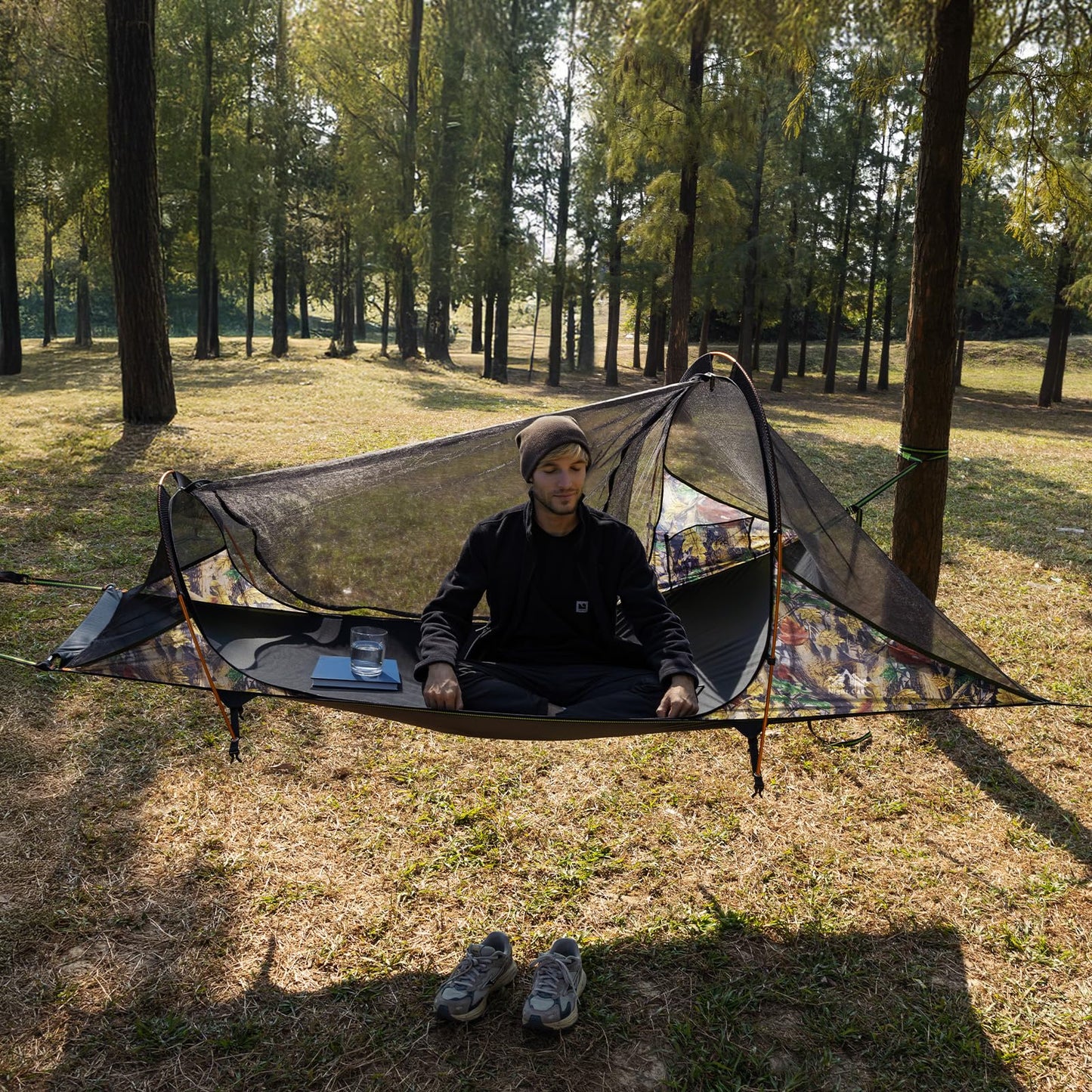 Night Cat Flat Lay Hammock Tent: Portable Lightweight Camping Hammock with Mosquito Net Waterproof Rainfly for Adults 1 Person Outdoor Camping Camouflage