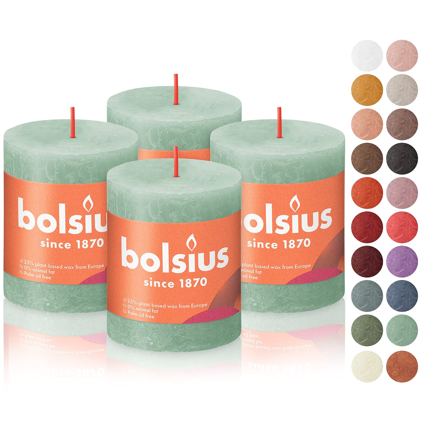 BOLSIUS 4 Pack Sage Green Rustic Pillar Candles - 2.75 X 3.25 inches - Premium European Quality - Includes Natural Plant-Based Wax - Unscented Dripless Smokeless 35 Hour Party and Wedding Candles