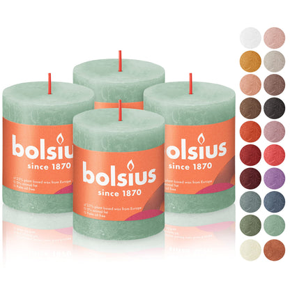 BOLSIUS 4 Pack Sage Green Rustic Pillar Candles - 2.75 X 3.25 inches - Premium European Quality - Includes Natural Plant-Based Wax - Unscented Dripless Smokeless 35 Hour Party and Wedding Candles