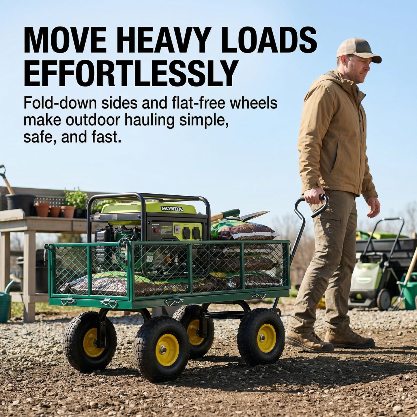 Finnhomy Heavy Duty 1000 Lbs Capacity Mesh Steel Garden Cart, Pullable Garden Wagons Carts on Wheels, Folding Utility Wagon with Removable Sides for Outdoor, Yard, Lawn, Green