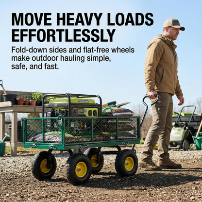 Finnhomy Heavy Duty 1000 Lbs Capacity Mesh Steel Garden Cart, Pullable Garden Wagons Carts on Wheels, Folding Utility Wagon with Removable Sides for Outdoor, Yard, Lawn, Green