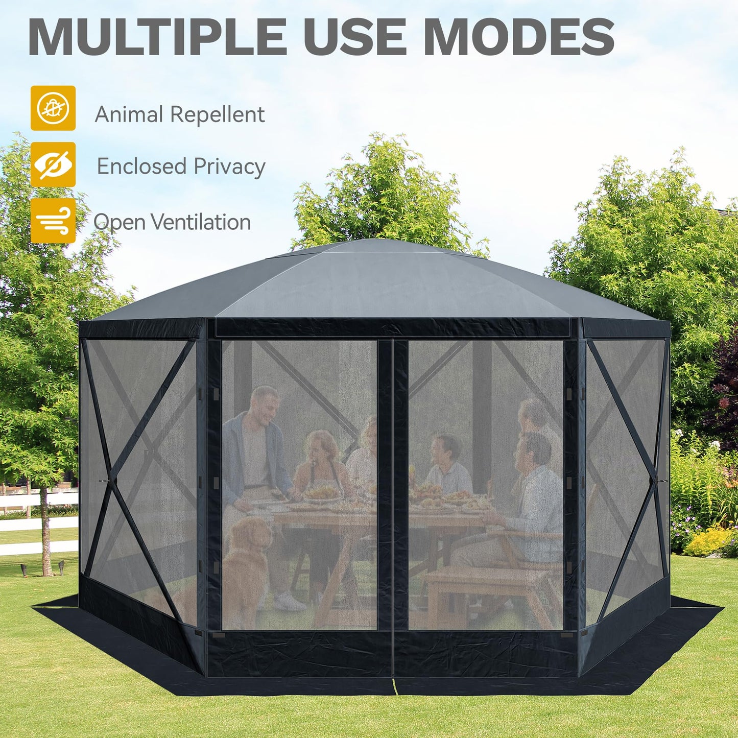 DWVO Gazebo Screen Tent, 11.5x11.5ft Instant Outdoor Portable Camping Screen House Canopy 6 Sided w/Mesh Windows & Carry Bag for Patio, Camping, Backyard, Grey