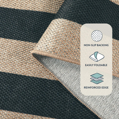 Lahome Elance Striped Easy Jute Dining Room Rug, 6x9 Indoor Outdoor Rugs for Patio Living Room, Farmhouse Neutral Non Slip Low Pile Black Carpet for Bedroom Office Backyard Classroom