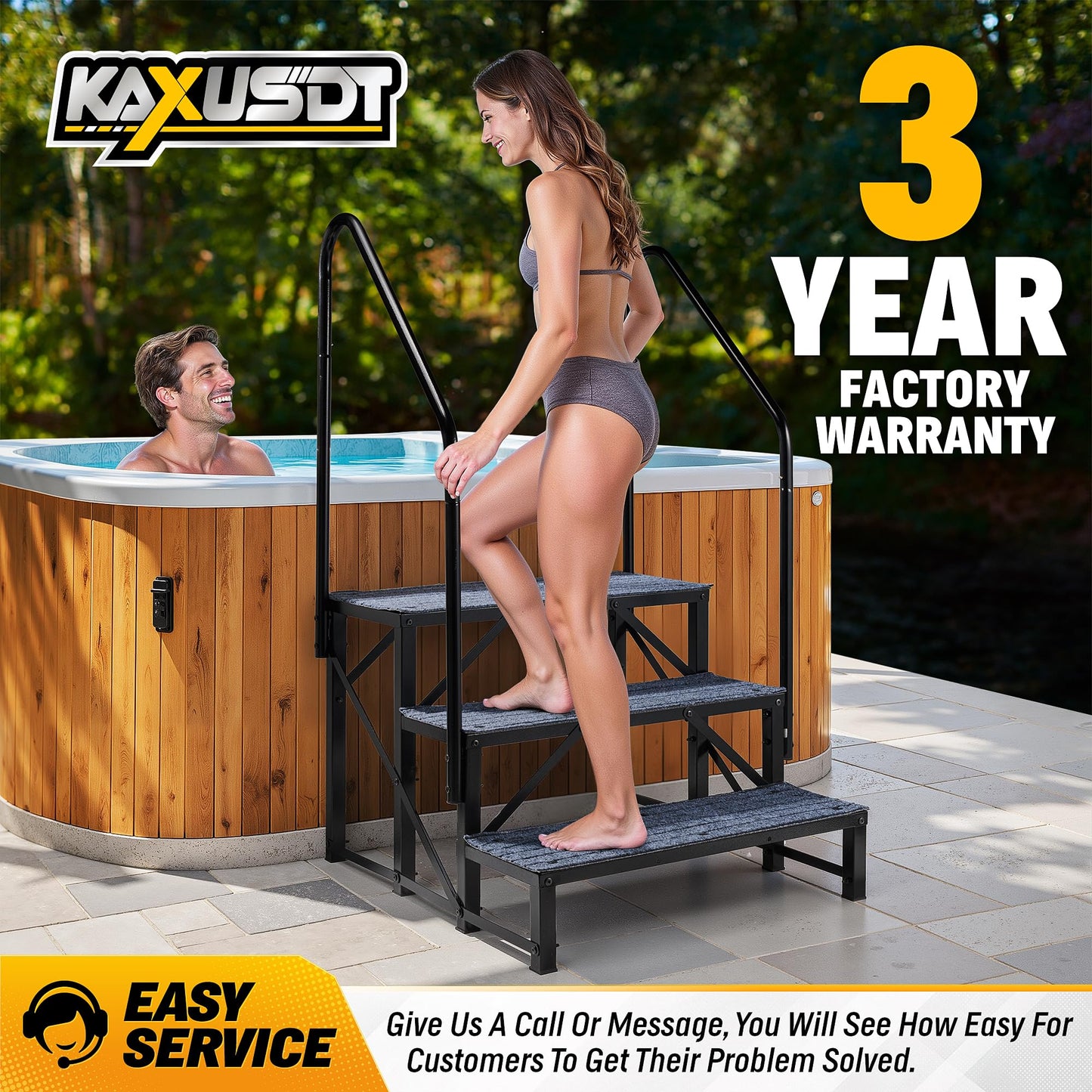 3 Steps Hot Tub RV Steps with Dual Handrail, 𝟐𝟎𝟐𝟔 𝐔𝐩𝐠𝐫𝐚𝐝𝐞𝐝 Portable Mobile Home Stairs Steps with Reinforced Crossbeams on Both Sides, 660lbs, Outdoor RV Camper Entry Steps w/Non-Slip Mats