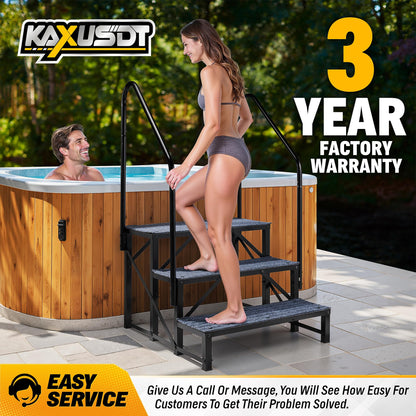 3 Steps Hot Tub RV Steps with Dual Handrail, 𝟐𝟎𝟐𝟔 𝐔𝐩𝐠𝐫𝐚𝐝𝐞𝐝 Portable Mobile Home Stairs Steps with Reinforced Crossbeams on Both Sides, 660lbs, Outdoor RV Camper Entry Steps w/Non-Slip Mats