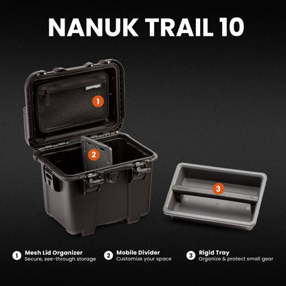 NANUK Trail 10-11.2L (3-Gallon) Waterproof Storage Box – Modular & Compact Cargo Case for Camping, Fishing, Hunting & Outdoor Storage – Dustproof and Impact Resistant (12.9” x 9.7” x 10.3”) – Black