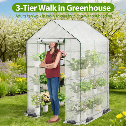 Carotex Walk-in Greenhouse, 48 x 73 x 75 Inch Outdoor Plant Green House with 3 Tiers 12 Shelves, Heavy Duty Steel Frame & Thicken PE Cover, Portable Greenhouses for Balcony, Patio, Deck, Gardening