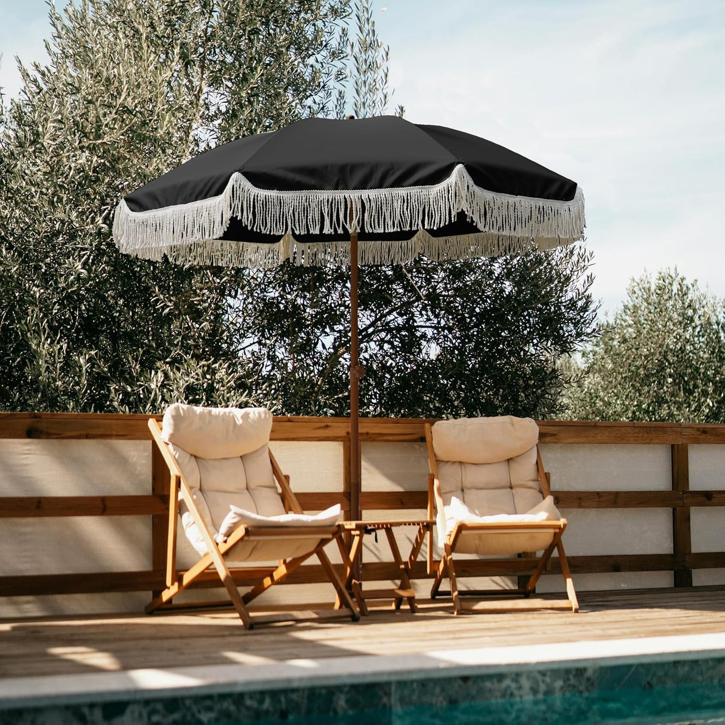 AMMSUN 7ft Patio Umbrella - Outdoor Fringe Umbrella with UPF50+ Protection & Steel Pole | Black