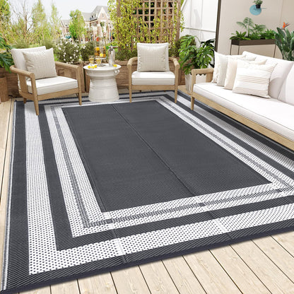 GlowSol Outdoor Rug 9x18 Waterproof Outdoor Plastic Straw Rug, Lightweight Portable Outside Solid Carpets Reversible Plastic Straw Patio Rug for RV Camping Picnic Beach Backyard Deck,Grey