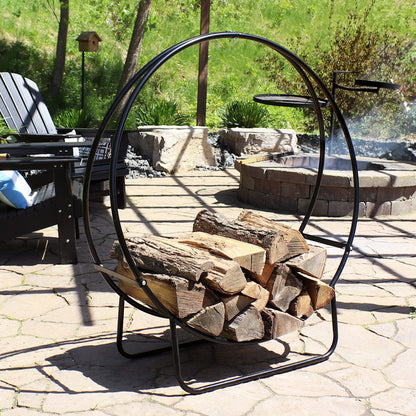 Sunnydaze 48-Inch Firewood Rack with Cover - Black Indoor Firewood Holder - Log Holder Hoop and Cover Set - 700-lb Capacity