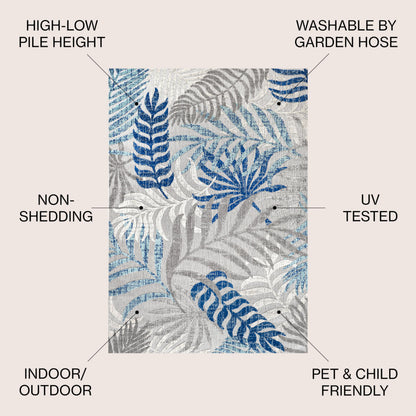 JONATHAN Y Tropics Palm Leaves Indoor Outdoor Area Rug 8X10 Gray/Blue, Boho for Backyard, Patio, Porch, Easy-Cleaning, High Traffic, Pet-Friendly, Non-Shedding (AMC100A-8)