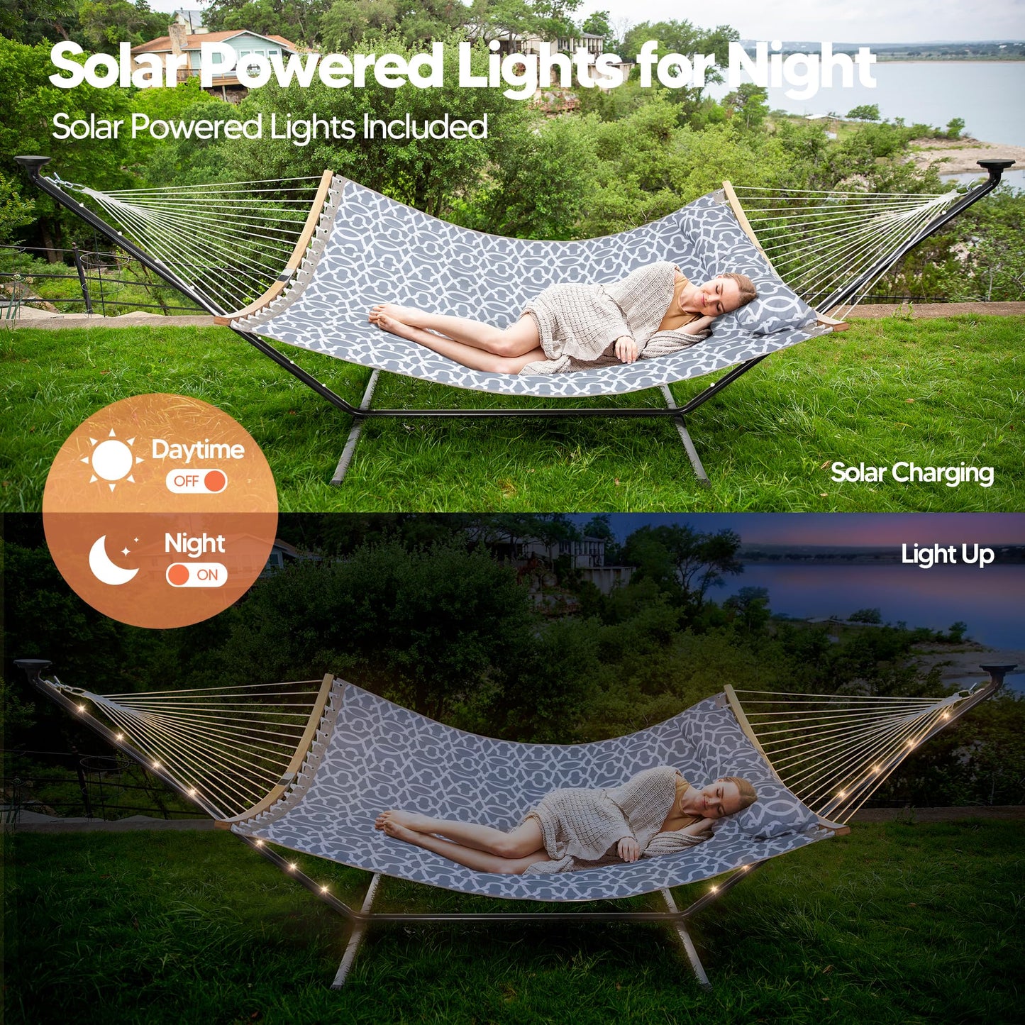 SUNCREAT Double Outdoor Hammock with 12 ft Stand, Solar Powered Lights, 2 Person Hammocks for Outside, Grey