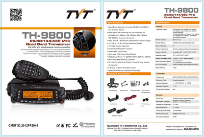 TYT TH-9800 Quad Band Mobile Transceiver 50W, 10M/6M/2M/70CM Amateur Mobile Car Ham Radio with V+U Cross-Band Repeater W/Cable