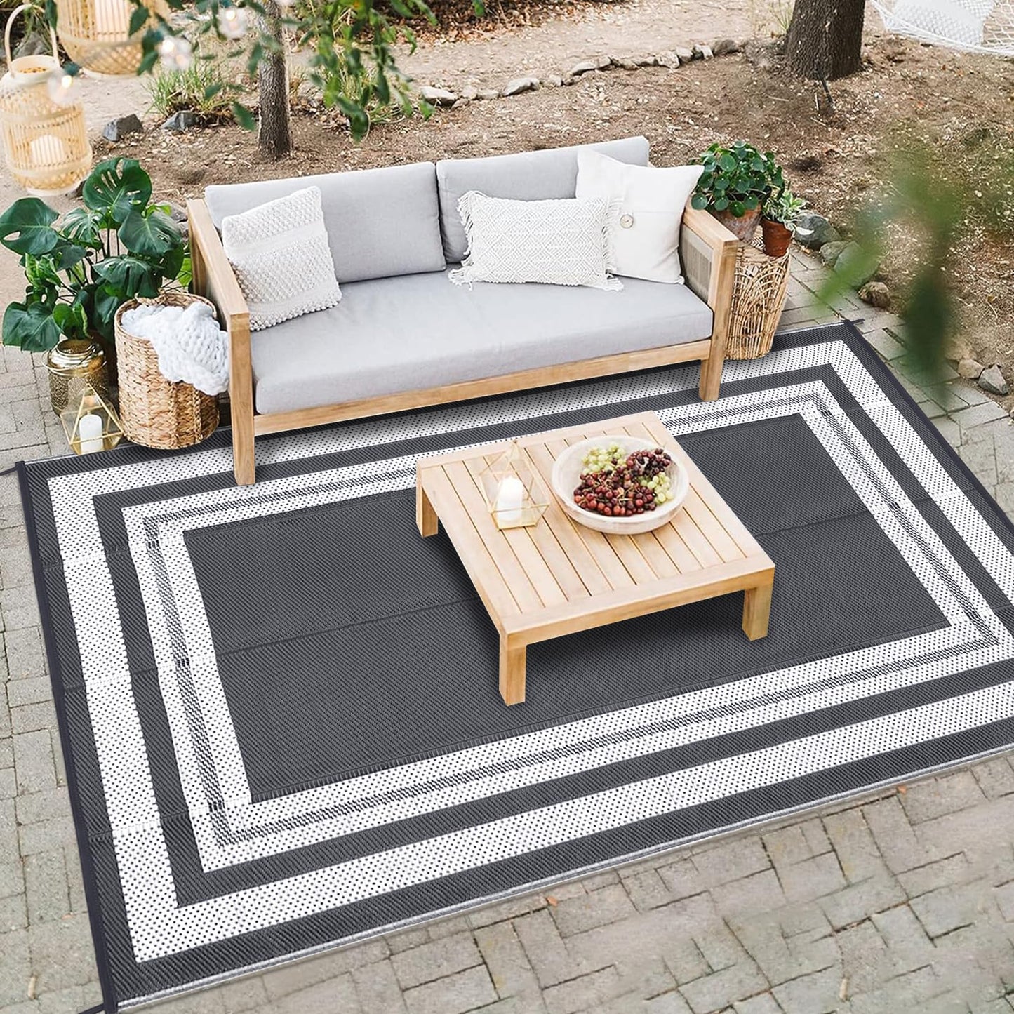 GlowSol Outdoor Rug 9x18 Waterproof Outdoor Plastic Straw Rug, Lightweight Portable Outside Solid Carpets Reversible Plastic Straw Patio Rug for RV Camping Picnic Beach Backyard Deck,Grey