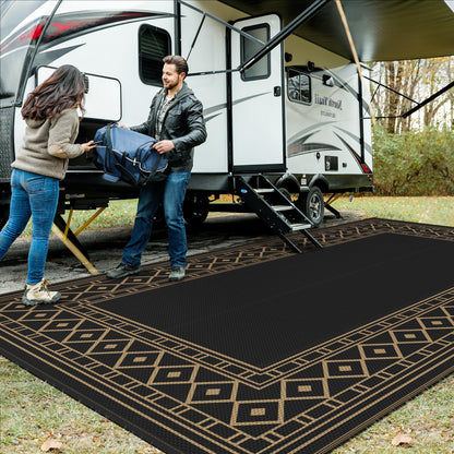 GENIMO Outdoor Rug Waterproof for Patio Decor, 10'x20' Foldable Reversible Plastic Straw Carpet, Outside Area Mat for Rv, Deck, Picnic, Porch, Camper, Balcony, Beach, Black & Brown