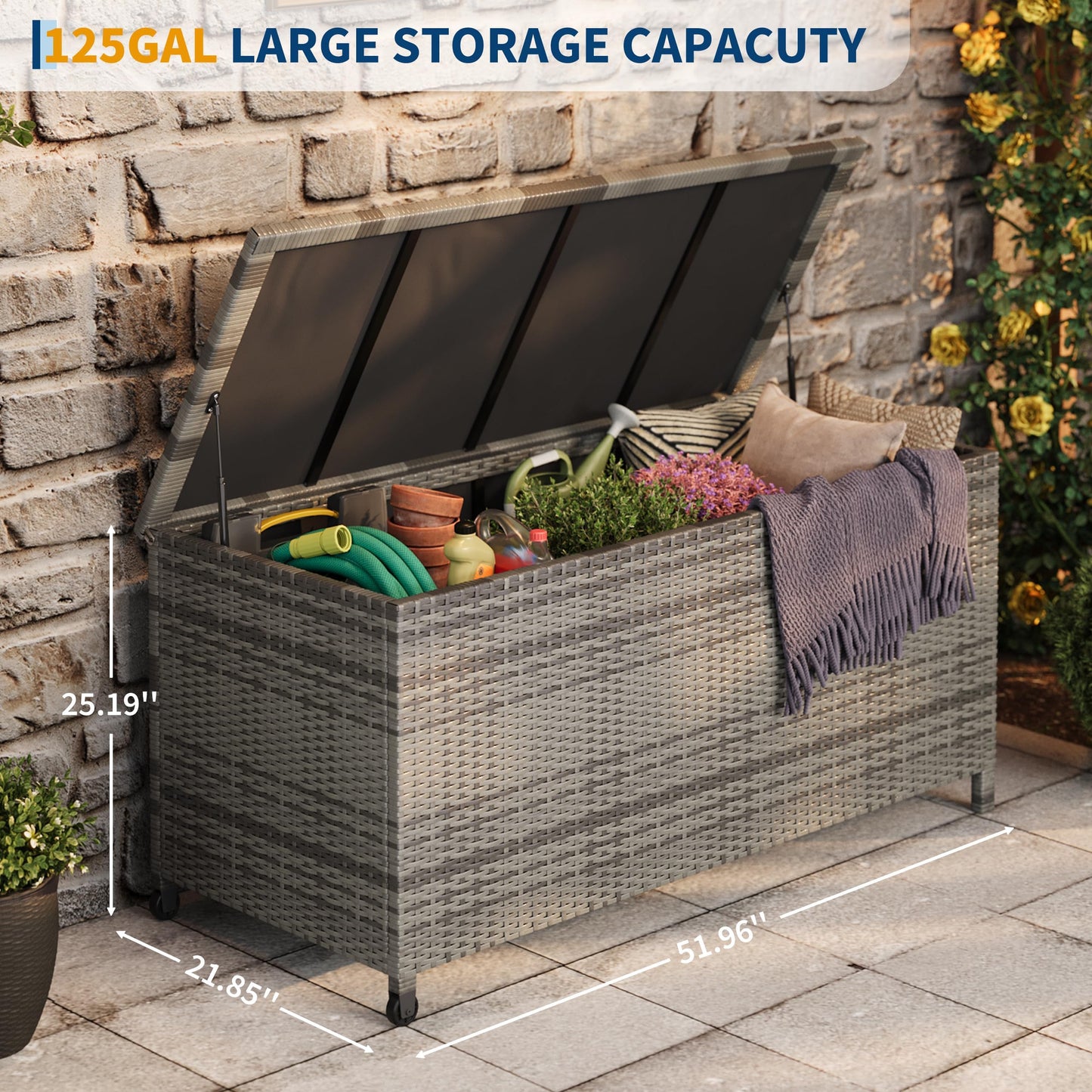 125 Gallon Outdoor Deck Box with Wheels, Waterproof PE Wicker Rattan & Aluminum Frame Storage Bin for Patio Cushions, Garden Tools, Pool Toys, Lockable Patio Furniture(Gray)